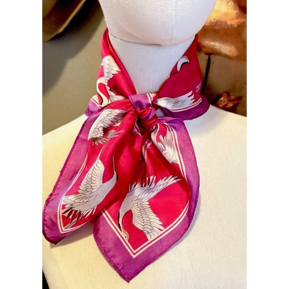 Vintage Pink Flying Cranes Square Neck Scarf Silky 21